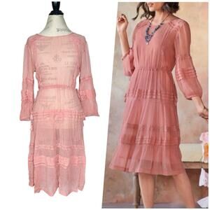 Sundance | Women | Rosalie Pink Crepe Chiffon Sheer Lace Mini Dress | Sz Small